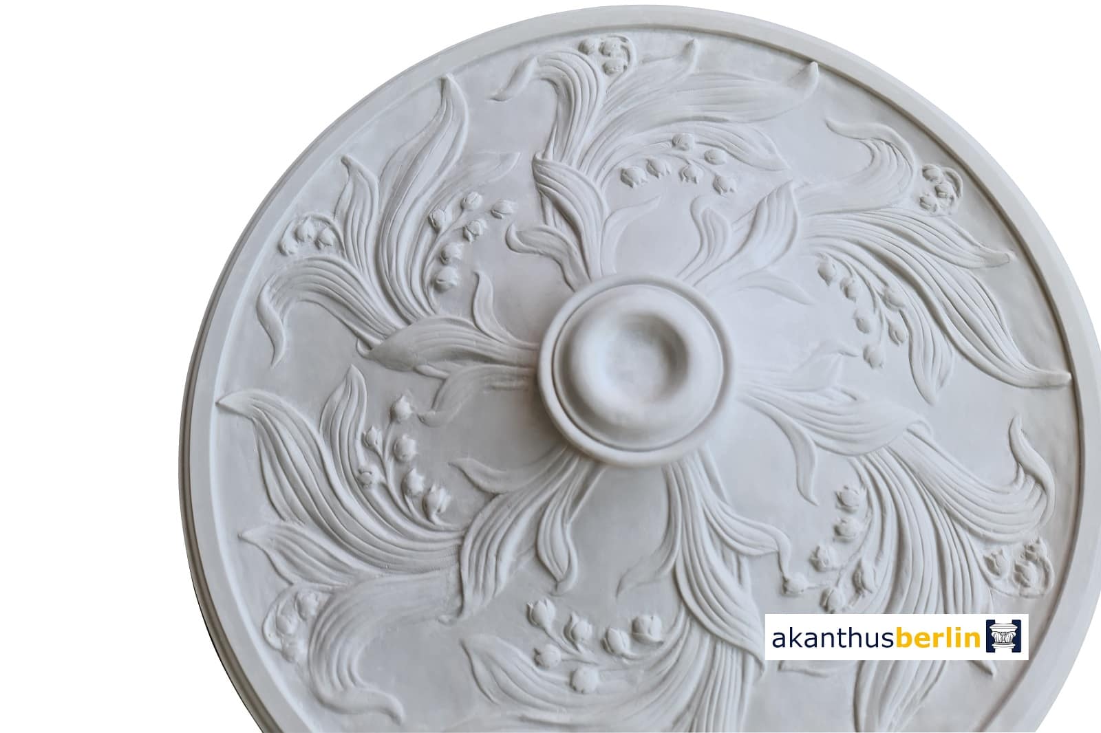 weiße Stuck Gips Rosette, im klassischen Jugendstil, Maiglöckchen, Rund, Detail, RO 44
