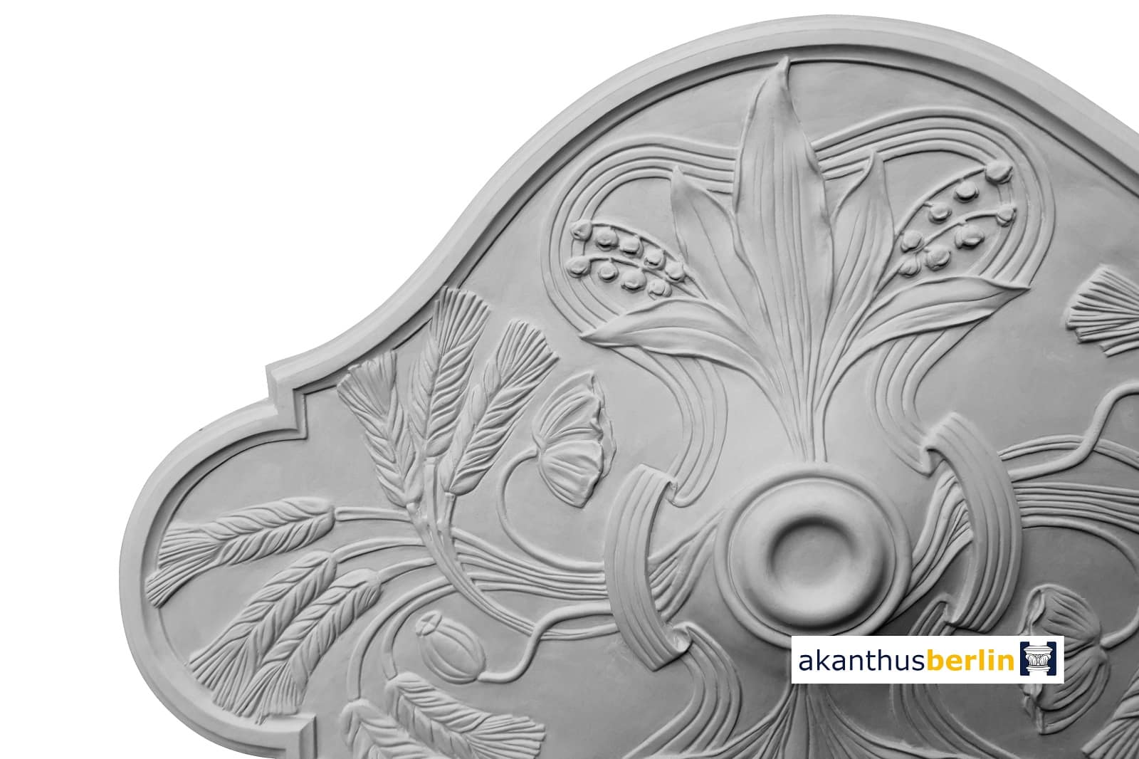 weiße Stuck Gips Rosette, im klassischen Jugendstil, Maiglöckchen, floral, frühling, oval, RO 84