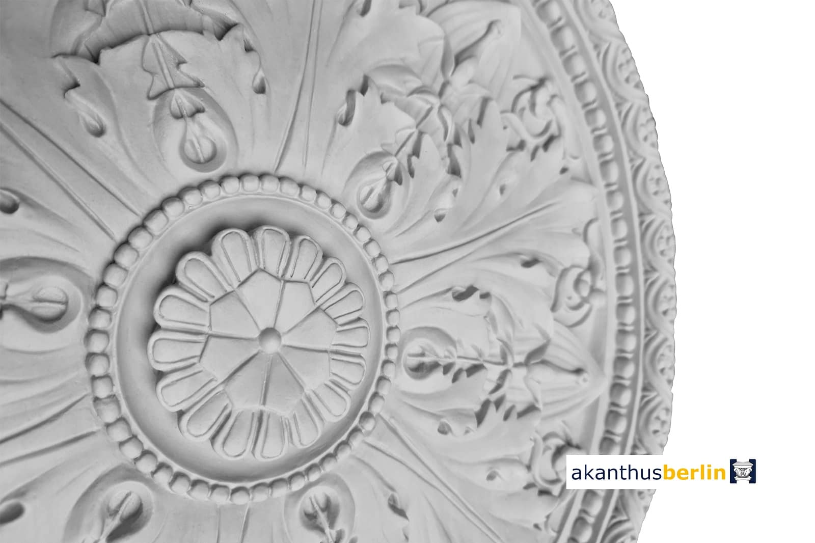weiße Stuck Gips Rosette, in der klassischen Gründerzeit, floral, Perlenband, Akanthus, RO 72